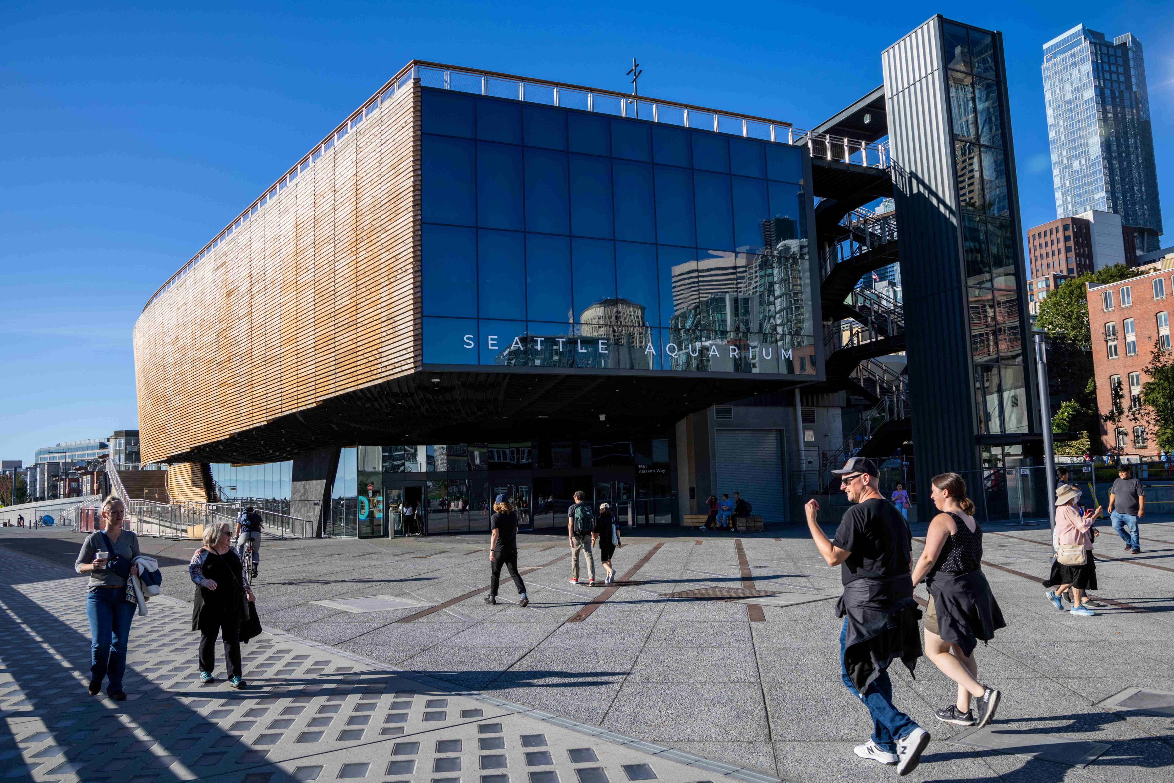 Front exterior of the Seattle Aquarium's Ocean Pavilion building on the Seattle waterfront.